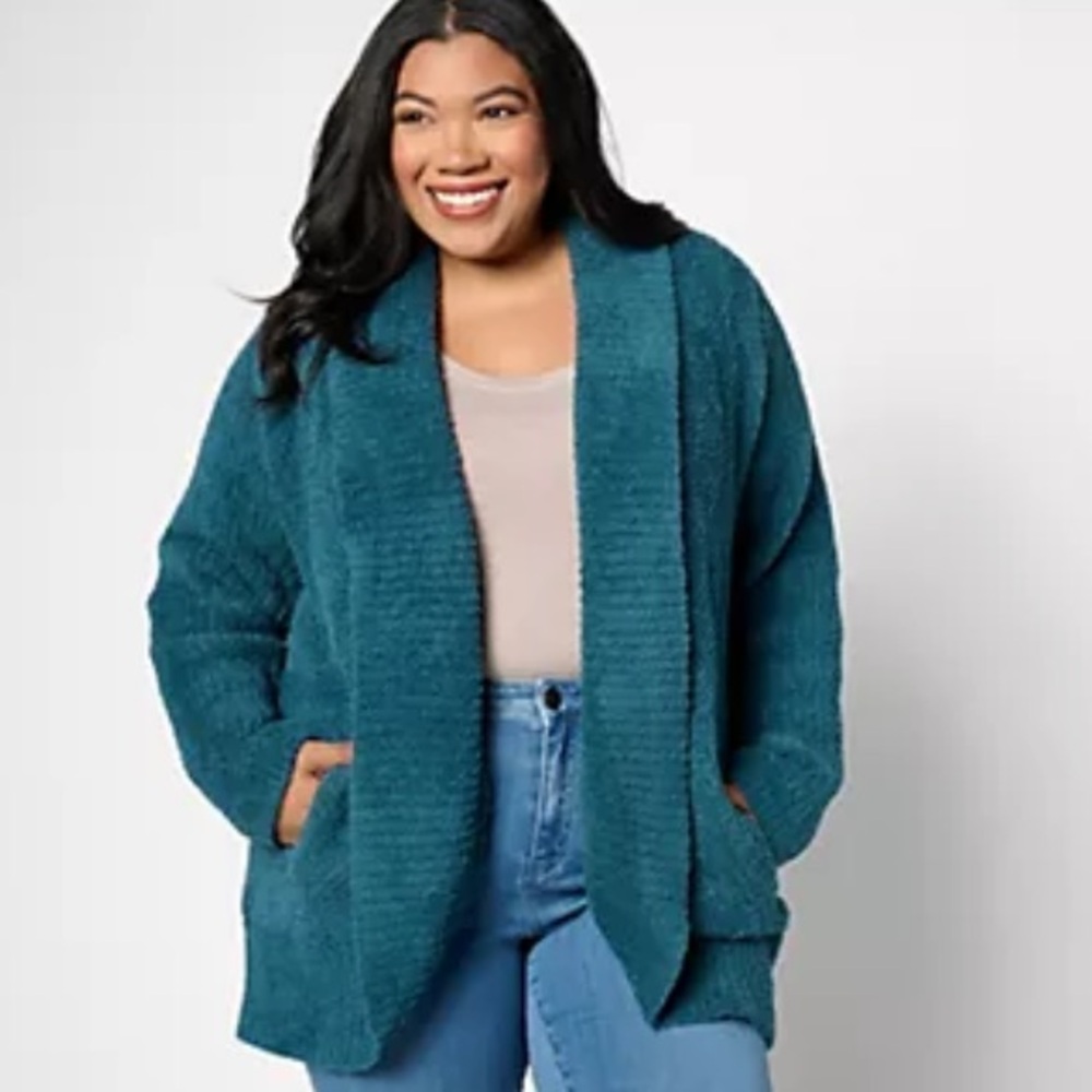 Barefoot Dreams CozyChic Diamond Circle Cardigan Midnight Teal Size L